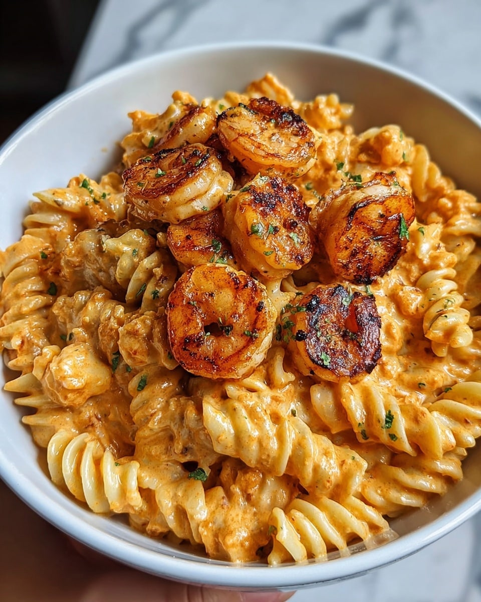 A close-up view of a white bowl filled with three layers: the bottom layer is creamy, orange-colored sauce with a smooth texture, covering the whole bowl; the second layer is curly rotini pasta, coated fully in the sauce showing a glossy, soft surface; the top layer is a group of golden-brown, grilled shrimp with light char marks, sitting on top of the pasta and sauce, adding a textured, slightly crispy look. The bowl is placed on a white marbled surface. photo taken with an iphone --ar 4:5 --v 7