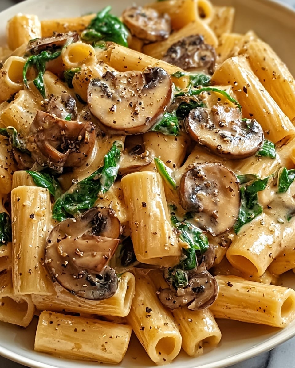 A close-up of a white bowl filled with rigatoni pasta coated in a creamy light beige sauce. The rigatoni are firm, tubular, and slightly glossy, mixed with browned, sliced mushrooms that have a smooth, slightly shiny surface. Bright green chopped parsley is scattered on top, adding contrast and freshness. The sauce clings to the pasta and mushrooms, giving a rich, smooth texture with visible specks of black pepper. The bowl rests on a white marbled surface, and the photo is brightly lit to emphasize the creamy texture and colors of the dish. photo taken with an iphone --ar 4:5 --v 7