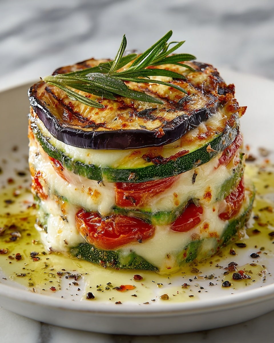 This dish shows a tall stack with five main layers starting from the bottom: a thick slice of green zucchini, a melted white cheese layer with creamy texture, a roasted deep red tomato slice, another layer of white melted cheese, a dark purple eggplant slice, more white melted cheese, another red tomato slice, more cheese, and finally a grilled green zucchini slice at the top. The top zucchini has golden-browned melted cheese with small green herb sprinkles and a fresh rosemary sprig standing up in the center. The stack is on a white plate with some melted cheese and herbs around it, all set against a white marbled background. photo taken with an iphone --ar 4:5 --v 7