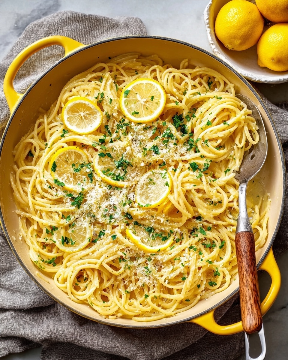 A large yellow pan filled with spaghetti pasta cooked in a creamy lemon sauce, topped with bright yellow lemon slices scattered on the top layer, finely grated white cheese sprinkled over the noodles, and fresh chopped green herbs evenly spread across. The spaghetti shows a smooth texture with some strands coiled, and a silver spoon with a wooden handle rests inside the pan on the right side. The pan sits on a soft grey cloth with part of a white bowl holding whole lemons visible at the top right corner, all placed on a white marbled surface. Photo taken with an iphone --ar 4:5 --v 7