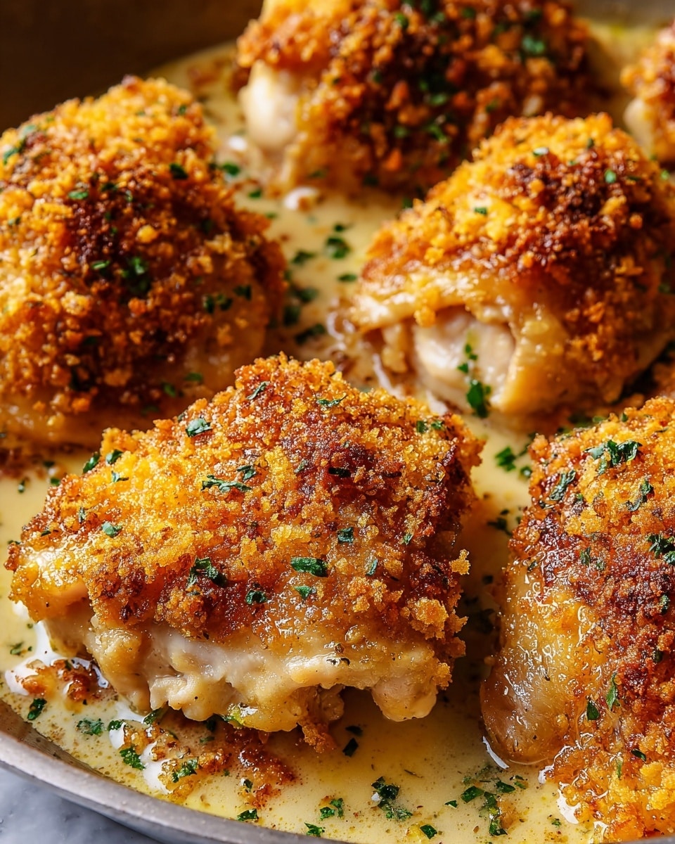 The image shows several pieces of golden baked chicken thighs with a crispy breadcrumb topping. Each piece has a crunchy, browned layer on top, with bright orange and yellow tones mixed with bits of toasted crumbs. The chicken underneath looks juicy and tender, with hints of pale, cooked skin and moist white meat peeking through. The pieces sit close together in a pan, covered in light sauce and sprinkled with small green herb bits scattered on the chicken and around it. The background is a soft white marbled texture. photo taken with an iphone --ar 4:5 --v 7