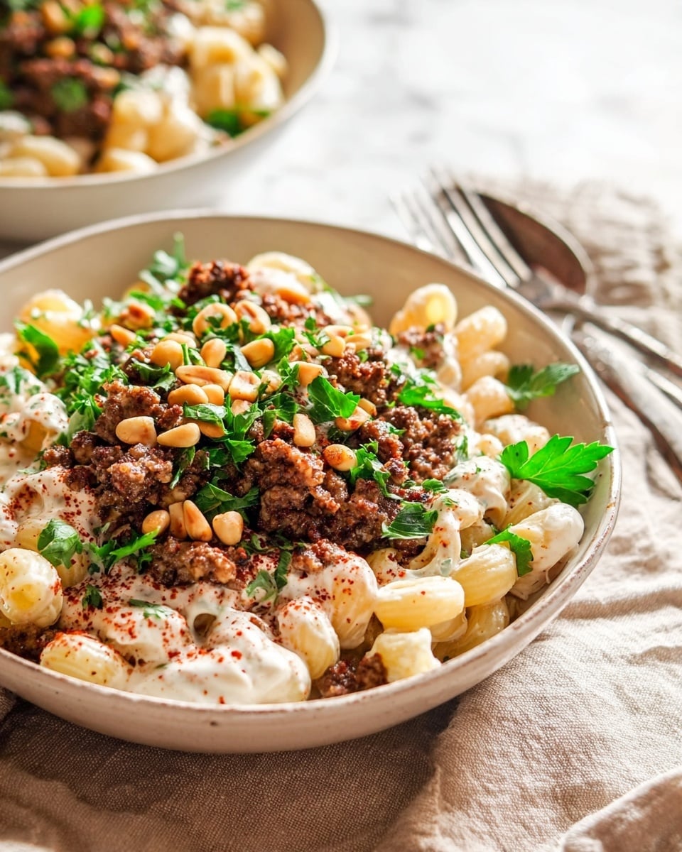 A white shallow bowl filled with two main layers: the bottom layer is creamy macaroni pasta coated in a smooth white sauce, while the top layer is a mix of browned ground meat and golden toasted pine nuts, sprinkled with chopped green herbs. The textures contrast with the soft pasta and the slightly chunky meat and nuts on top. Another similar bowl is partly visible in the background, both bowls placed on a beige cloth over a white marbled surface. Photo taken with an iphone --ar 4:5 --v 7