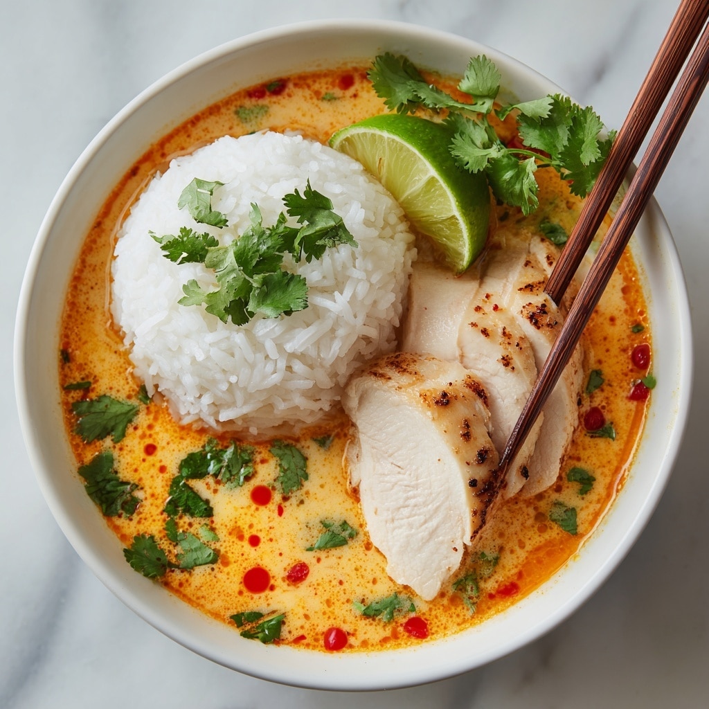 The image shows a bowl of creamy orange soup with visible oil droplets, topped with white cooked rice on the right side, sliced light beige chicken breast pieces near the front, fresh green cilantro leaves scattered on top, and two lime wedges positioned on the upper left side. A wooden spoon is placed in the soup, standing vertically in the bowl. The bowl is white and sits on a white marbled surface. photo taken with an iphone --ar 4:5 --v 7
