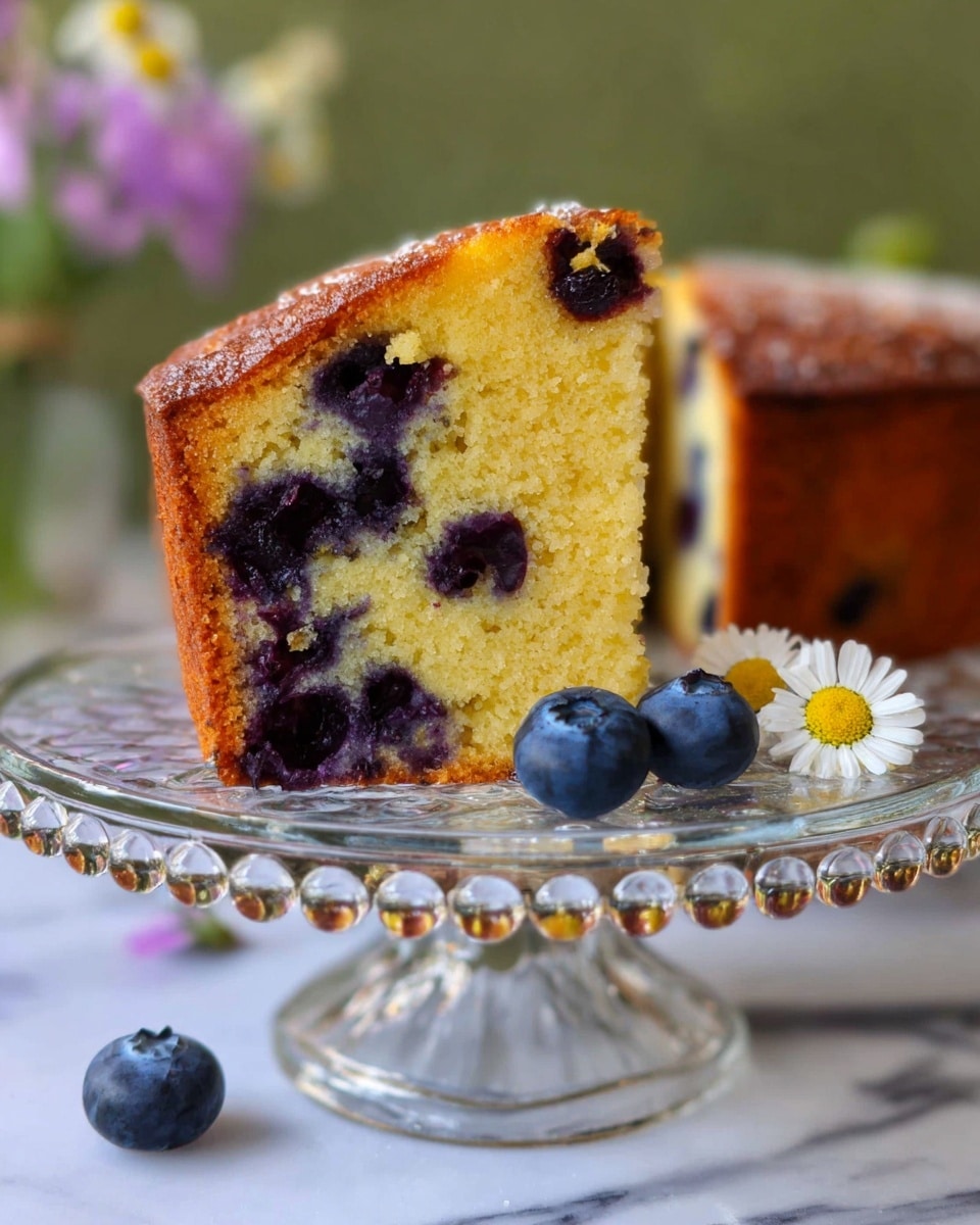 The image shows a round bundt cake with three visible layers of yellow cake separated by two thick layers of dark purple berry filling. The top of the cake is covered with a glossy dark purple glaze and is decorated with small white flowers. The cake is sliced to reveal the interior layers, and fresh blueberries are scattered around the base on a white marbled surface. The cake has a slightly shiny and moist texture, and the berries and flowers add a fresh, natural look. Photo taken with an iphone --ar 4:5 --v 7