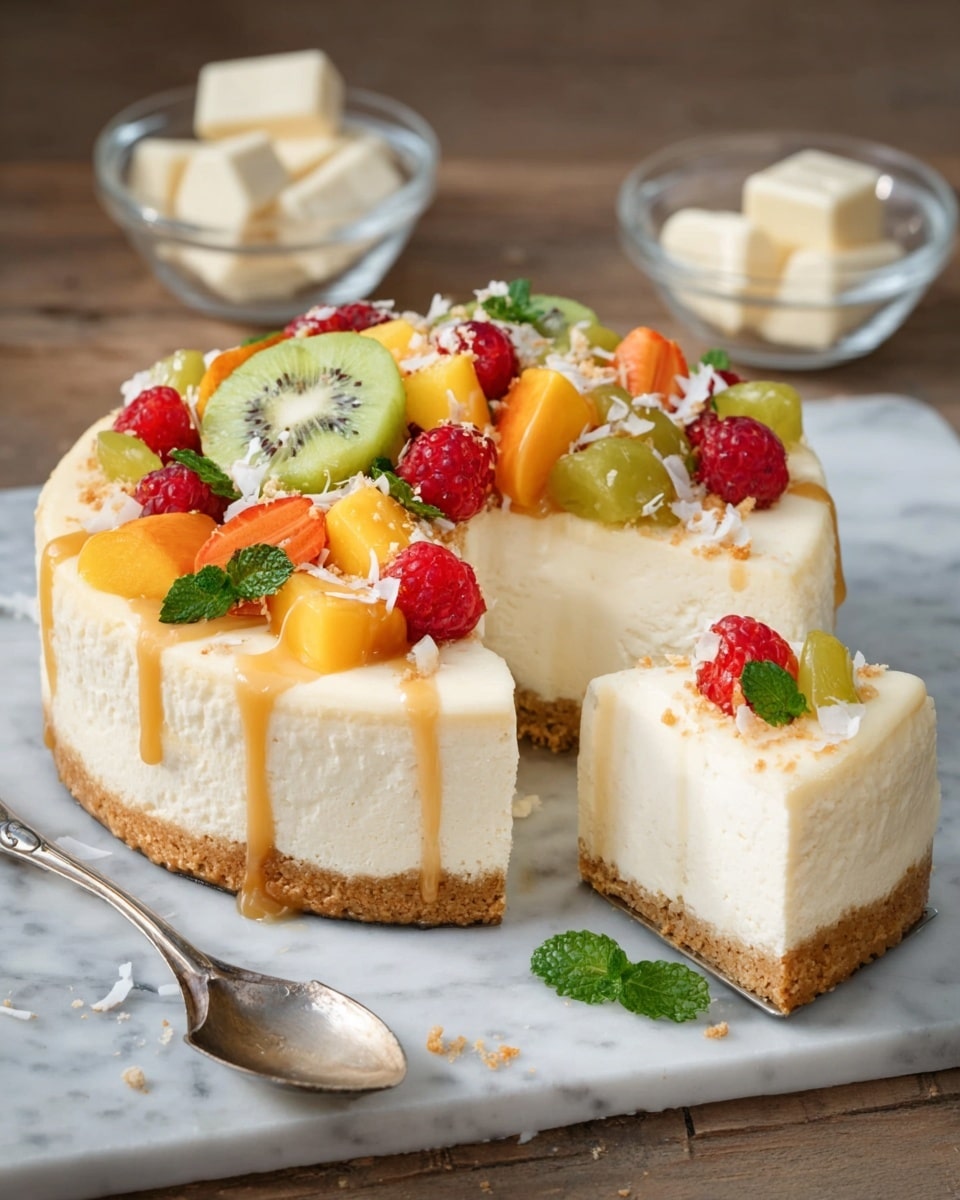 A round cheesecake with two layers is shown, the bottom layer is a light brown, crumbly crust, and the top layer is thick, smooth, and creamy white filling. The top of the cake has light caramel sauce dripping down the sides, sprinkled white flakes, and is decorated with fresh red raspberries, green kiwi slices, yellow-orange fruit chunks, and small green mint leaves arranged around the edge. A slice is cut out, showing the inside textures clearly, and a spoon with a portion of creamy cheesecake is placed beside the cake. A white marbled surface is under everything, and there are small glass bowls with white cubes next to the cake. photo taken with an iphone --ar 4:5 --v 7