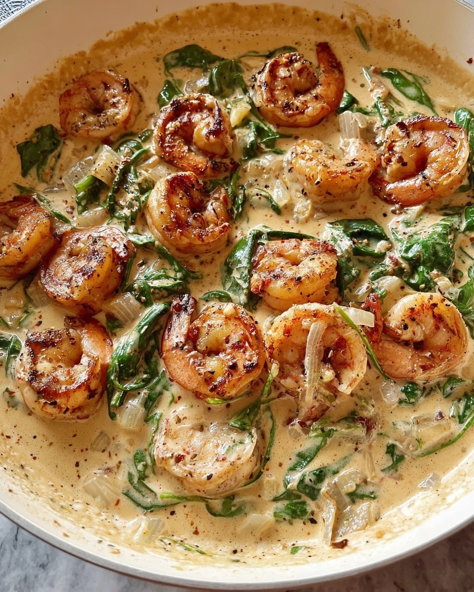 A close-up view of a creamy shrimp dish in a white deep pan, showing about one main layer of large, pink-orange grilled shrimp with charred edges sitting in a thick, light beige cream sauce mixed with green spinach leaves and small pieces of cooked onion. The sauce has a smooth texture with some small specks of seasoning visible, coating the shrimp and greens evenly. The background and surface remain a white marbled texture. photo taken with an iphone --ar 4:5 --v 7