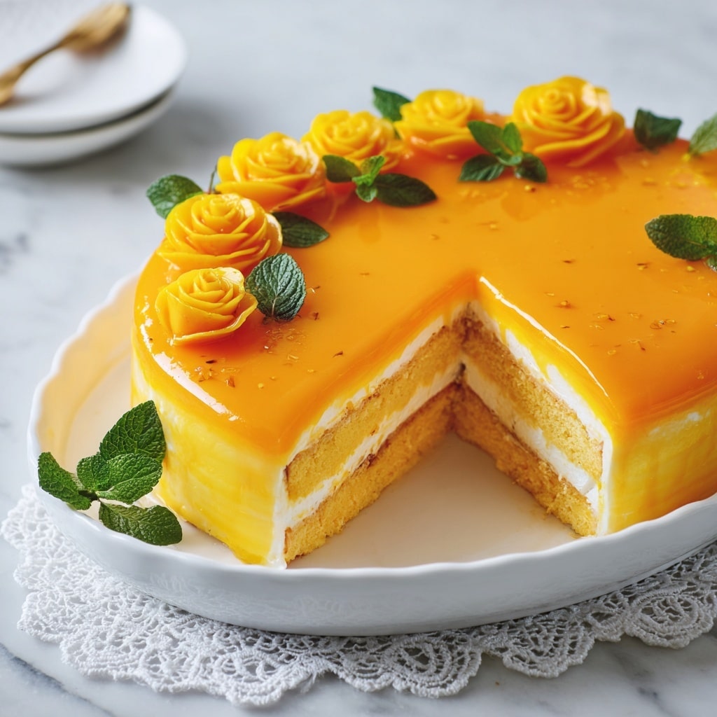 A smooth bright orange layer of glossy mango puree covers the top of a dessert in a large white oval dish, with a section missing to show at least three inner layers of soft yellow cake and creamy filling with slight brown hints. The dessert's top edge is decorated with small yellow rose-shaped mango slices and scattered fresh green mint leaves. The dish is placed on a white marbled surface with some lace underneath, and extra mint leaves are on the side. Photo taken with an iphone --ar 4:5 --v 7