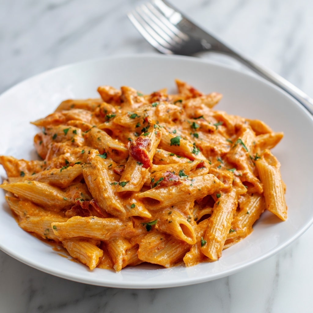 A white plate filled with creamy penne pasta layered thickly in an orange-tinted sauce. The pasta pieces are coated evenly, showing a smooth and rich texture with some small chunks of tomato scattered throughout. There are bits of green herbs sprinkled on top, adding color contrast to the creamy orange layers. A silver fork is placed in the background on the white marbled surface. photo taken with an iphone --ar 4:5 --v 7