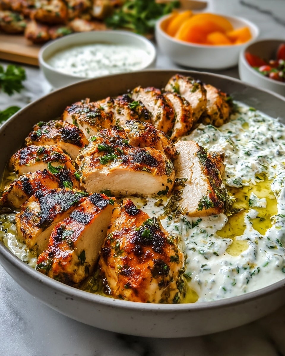 A close-up of a large gray bowl filled with thick pieces of grilled chicken arranged in a circle, showing a charred golden brown crust on the outside and tender white inside. The grilled chicken is garnished with green herbs scattered on top. Along the right side inside the bowl, there is a creamy white sauce with green herb flecks, lightly mixed with oil that adds a shiny golden touch. In the background, there are blurred white bowls with some orange slices and a yogurt-based sauce, all placed on a white marbled surface with some green herbs scattered around. photo taken with an iphone --ar 4:5 --v 7