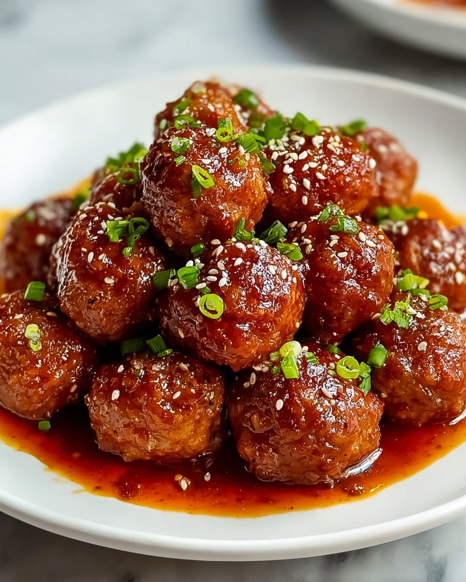 A white round plate filled with about fifteen glossy meatballs, each coated in a thick, shiny dark brown sauce that glistens under the light. The meatballs are arranged in a loose pile, showing their moist texture with the sauce dripping slightly onto the plate. Small white sesame seeds are scattered over the meatballs, adding contrast, and bright green chopped scallions are spread on top, giving a fresh pop of color. The background is a white marbled texture, making the rich colors of the dish stand out clearly. photo taken with an iphone --ar 4:5 --v 7