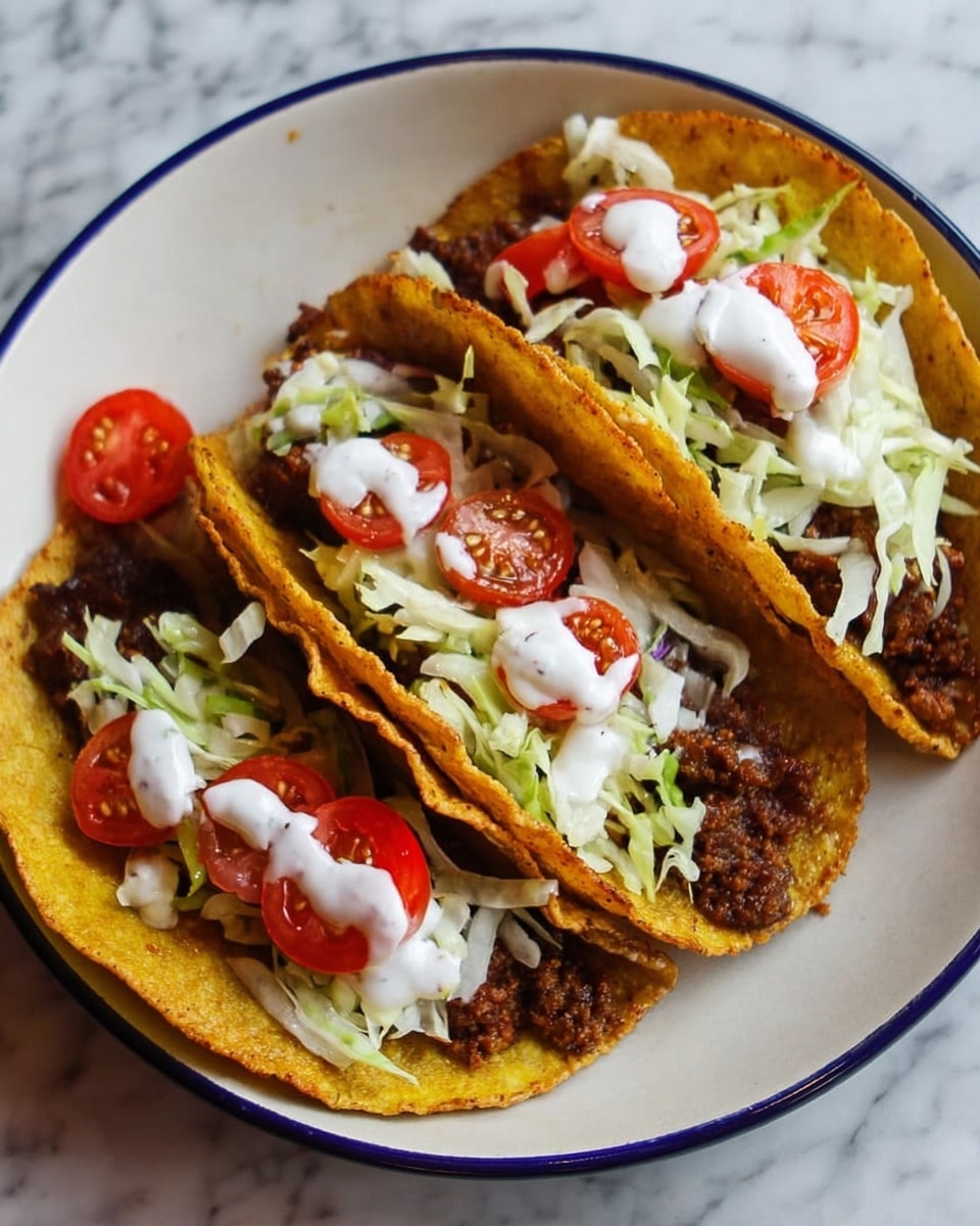 Three tacos sit closely together on a white bowl with a light blue and brown rim, placed on a white marbled surface. Each taco features a golden-brown, slightly crispy tortilla folded around a layer of dark brown grilled meat. On top of the meat, there is a layer of thin, light green shredded cabbage mixed with small green cucumber pieces and bright red tomato slices. Finishing each taco is a thick, creamy white sauce spread evenly over the vegetables. The textures include the crispiness of the tortillas, the roughness of the meat, the crunch of the fresh vegetables, and the smoothness of the sauce. photo taken with an iphone --ar 4:5 --v 7