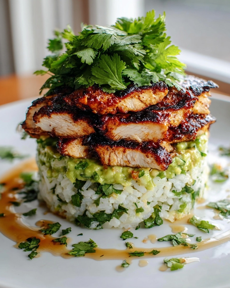 The dish is a stacked presentation with three clear layers placed on a white plate over a white marbled texture. The bottom layer consists of a round mound of white rice mixed with small chopped green herbs, giving it a speckled green and white look. The middle layer is a thick, smooth spread of green guacamole-like mixture, sitting evenly on top of the rice. The top layer features several pieces of grilled chicken with a dark, crispy, caramelized brown skin and juicy white meat inside. The chicken is topped with a generous pile of fresh, bright green cilantro leaves, which spill slightly over the edges. Some sauce is drizzled lightly around the base on the plate with small bits of cilantro scattered nearby. photo taken with an iphone --ar 4:5 --v 7