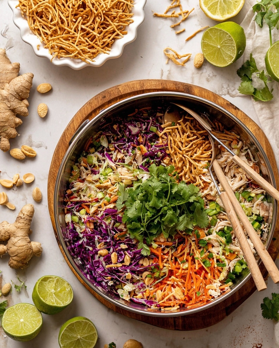 The dish is layered in a white bowl with a textured rim, placed on a white marbled surface. The base layer consists of chopped vegetables including green cucumbers, shredded purple cabbage, and orange carrots mixed with small pieces of white chicken. On top, there is a generous drizzle of creamy orange sauce covering parts of the dish. Thin, crunchy, beige noodle sticks are spread across the top layer. Three bright green lime wedges are positioned on the side of the bowl, adding a fresh color contrast. The bowl is set near a wooden board holding extra lime wedges and a small white jug with some orange sauce inside. Photo taken with an iphone --ar 4:5 --v 7