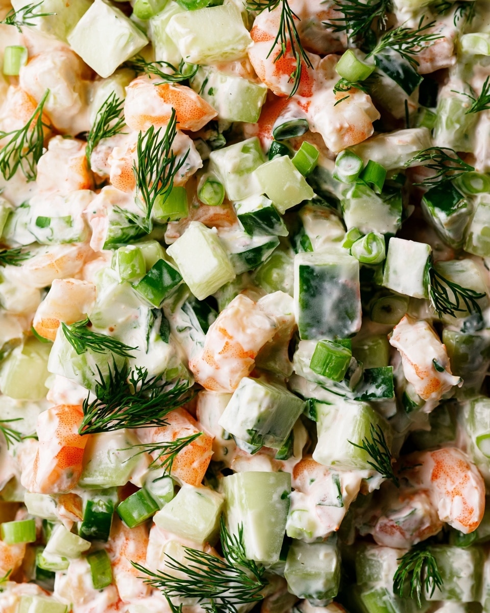 A close-up view of a white bowl filled with a fresh shrimp salad that has three main layers: the base is made of small, pink shrimp pieces with a smooth texture, mixed evenly with light green diced cucumber cubes that have a crisp look, and finely chopped dark green spring onions scattered on top for extra color and texture. The salad is lightly coated in a creamy white dressing and sprinkled with small bits of fresh dill herb. In the background on a white marbled surface, there are lime wedges and green onions. A silver spoon rests next to the bowl on a white cloth. photo taken with an iphone --ar 4:5 --v 7