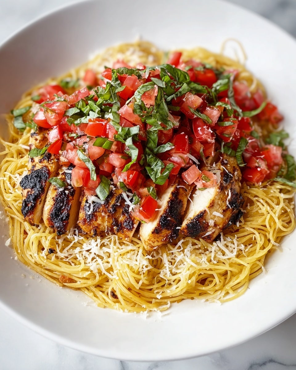 A white plate filled with a base layer of thin yellow spaghetti noodles arranged in a circular pile. On top of the noodles lies a piece of grilled chicken breast, cut into thick slices with charred black grill marks and a golden brown color. The chicken is covered with a fresh topping of diced red tomatoes mixed with chopped green basil leaves. There are also thin shreds of white cheese sprinkled lightly over the chicken and noodles. The plate sits on a white marbled surface. photo taken with an iphone --ar 4:5 --v 7