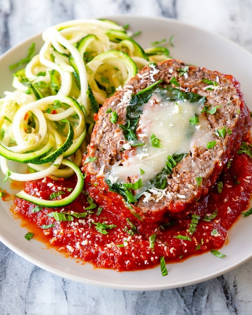 The dish shows one thick slice of rolled meatloaf with visible layers of ground meat, slices of ham, melted cheese, and green herbs, placed on top of chunky red tomato sauce that covers most of the white plate. On the side, there is a small heap of light green and pale yellow spiralized vegetables, likely zucchini and squash, mixed gently and sprinkled with grated cheese and fresh chopped parsley. The background is a white marbled textured surface, adding a clean look to the setting. photo taken with an iphone --ar 4:5 --v 7