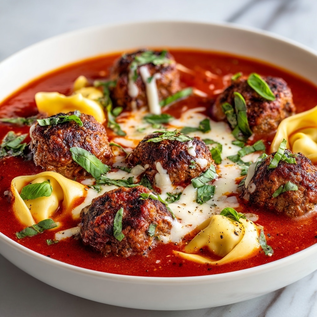 A close-up picture of a bowl filled with a rich red tomato sauce soup, featuring five browned meatballs sitting on top, with white melted cheese drizzled over and around them. There are also several pieces of pale yellow tortellini pasta floating in the soup, some partly covered by the sauce. Fresh green basil leaves are sprinkled across the dish, adding a burst of color. The bowl is white and placed on a white marbled surface. photo taken with an iphone --ar 4:5 --v 7