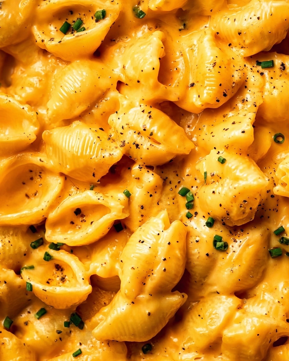This image shows a close-up of shell pasta covered in creamy, smooth orange cheese sauce. The pasta shells are fully coated, with some folds visible, while the cheese sauce fills the spaces between them, creating a thick and rich look. Scattered on top are small pieces of chopped green chives and tiny black pepper flakes, adding contrast to the orange and creamy yellow colors of the cheese. The whole dish rests on a white marbled surface, enhancing the vibrant colors of the food. photo taken with an iphone --ar 4:5 --v 7
