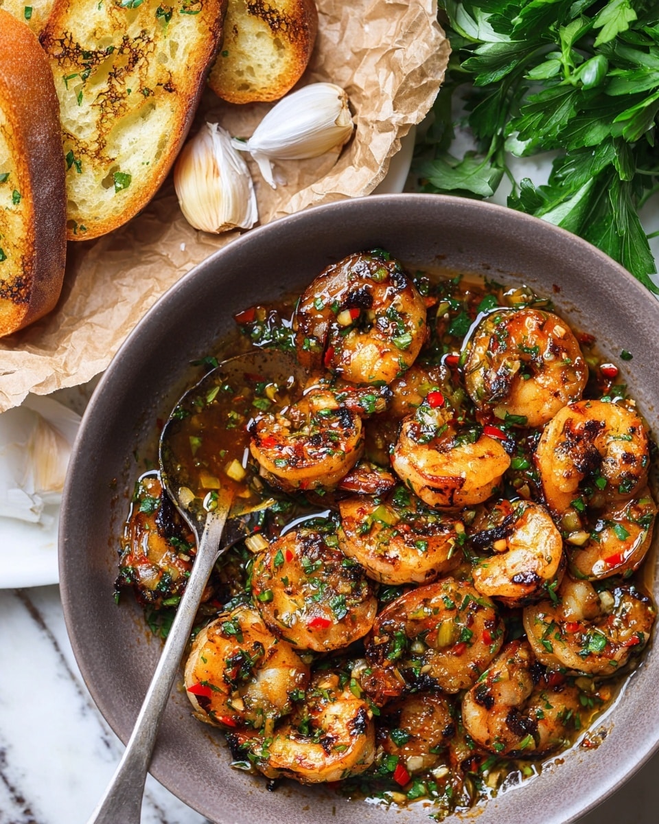 A close-up of a gray bowl filled with about three layers of cooked shrimp, each shrimp is golden brown with char marks and covered in a glossy sauce with bits of green herbs and small red chili pieces, a silver spoon rests inside the bowl with some sauce on it. To the top left, there is a white plate with two grilled golden-brown toast pieces resting on crumpled brown paper with two garlic cloves nearby. Fresh green parsley leaves are placed on the top right side, all on a white marbled surface. Photo taken with an iphone --ar 4:5 --v 7
