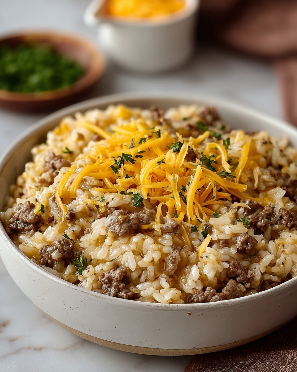 A close-up view of a white bowl filled with a creamy rice dish mixed with small browned ground beef pieces, topped with shredded yellow cheddar cheese and sprinkled with chopped green herbs. The rice grains look soft and slightly sticky with bits of translucent onions mixed throughout. In the background, a small white cup contains extra shredded cheese and herbs, all sitting on a white marbled surface. photo taken with an iphone --ar 4:5 --v 7