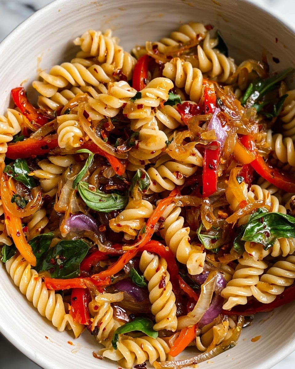 A white bowl filled with three main sections; on the right, there is a pile of fresh green basil leaves, bright and crisp; in the middle, there is a portion of spiral-shaped pasta, light yellow and slightly glossy; on the left, there is a mix of sautéed ingredients including finely chopped dark brown bits, halved red cherry tomatoes, and soft translucent onion slices, all lightly coated in oil. The bowl sits on a white marbled surface. photo taken with an iphone --ar 4:5 --v 7