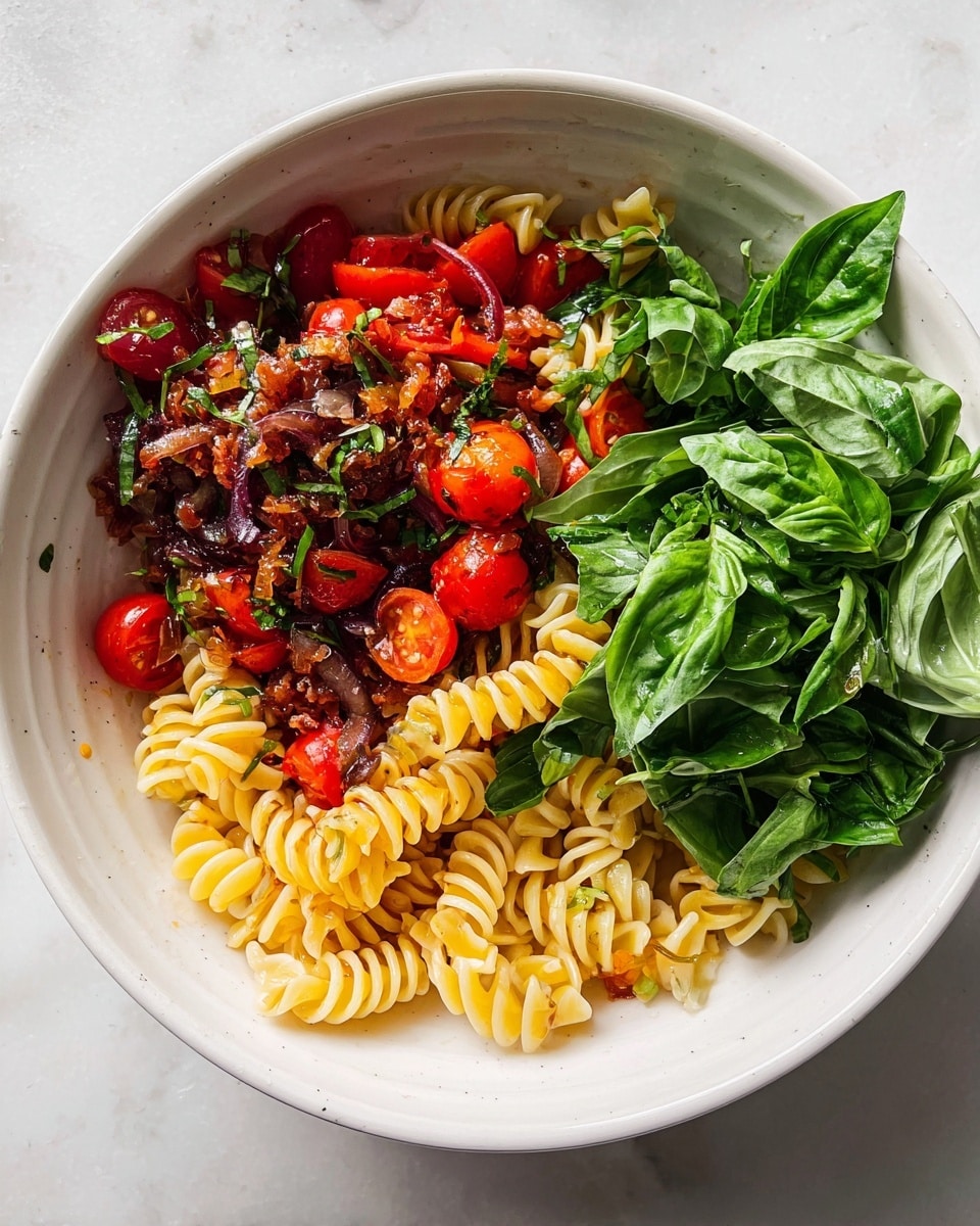 A close-up view of a white bowl filled with a colorful pasta salad featuring one main layer of spiral rotini pasta mixed with sautéed red and orange bell pepper strips, caramelized onions, and fresh green basil leaves. The ingredients are coated with a light, glossy chili oil dressing that adds a shiny texture, and small red chili flakes are scattered throughout. The bowl sits on a white marbled surface, enhancing the vivid colors of the dish. photo taken with an iphone --ar 4:5 --v 7