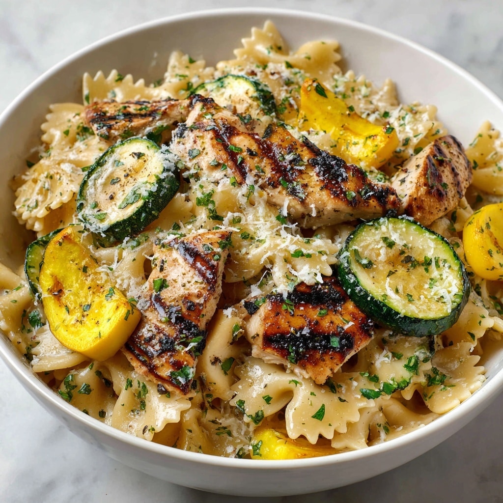 The image shows a close-up of a bowl filled with a pasta dish on a white marbled surface, with a yellow cloth underneath. The bowl is white and contains three main layers: slices of grilled chicken with a golden-brown sear, round green zucchini pieces with grill marks, and light yellow bow tie pasta mixed with herbs and small specks of seasoning. A silver fork with a woman's hand holding it lifts some pasta and zucchini above the bowl. In the blurred background, there are two lemons, one whole and one cut in half, adding a fresh touch to the scene. photo taken with an iphone --ar 4:5 --v 7