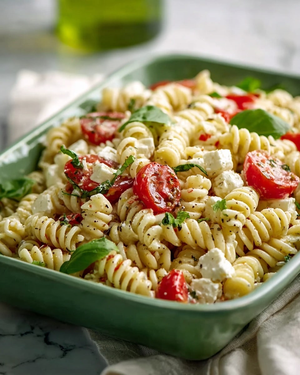 The image shows a close-up of a creamy pasta salad with three main layers visible: the bottom layer is light yellow spiral pasta coated in a speckled creamy dressing, the middle layer includes bright red cherry tomato halves and vibrant green basil leaves scattered evenly, and the top layer has white cubes of seasoned feta cheese sprinkled with black pepper and herbs. The textures vary from smooth pasta, juicy tomatoes, firm cheese, to soft leafy basil, all mixed together closely on a white plate against a white marbled background. photo taken with an iphone --ar 4:5 --v 7