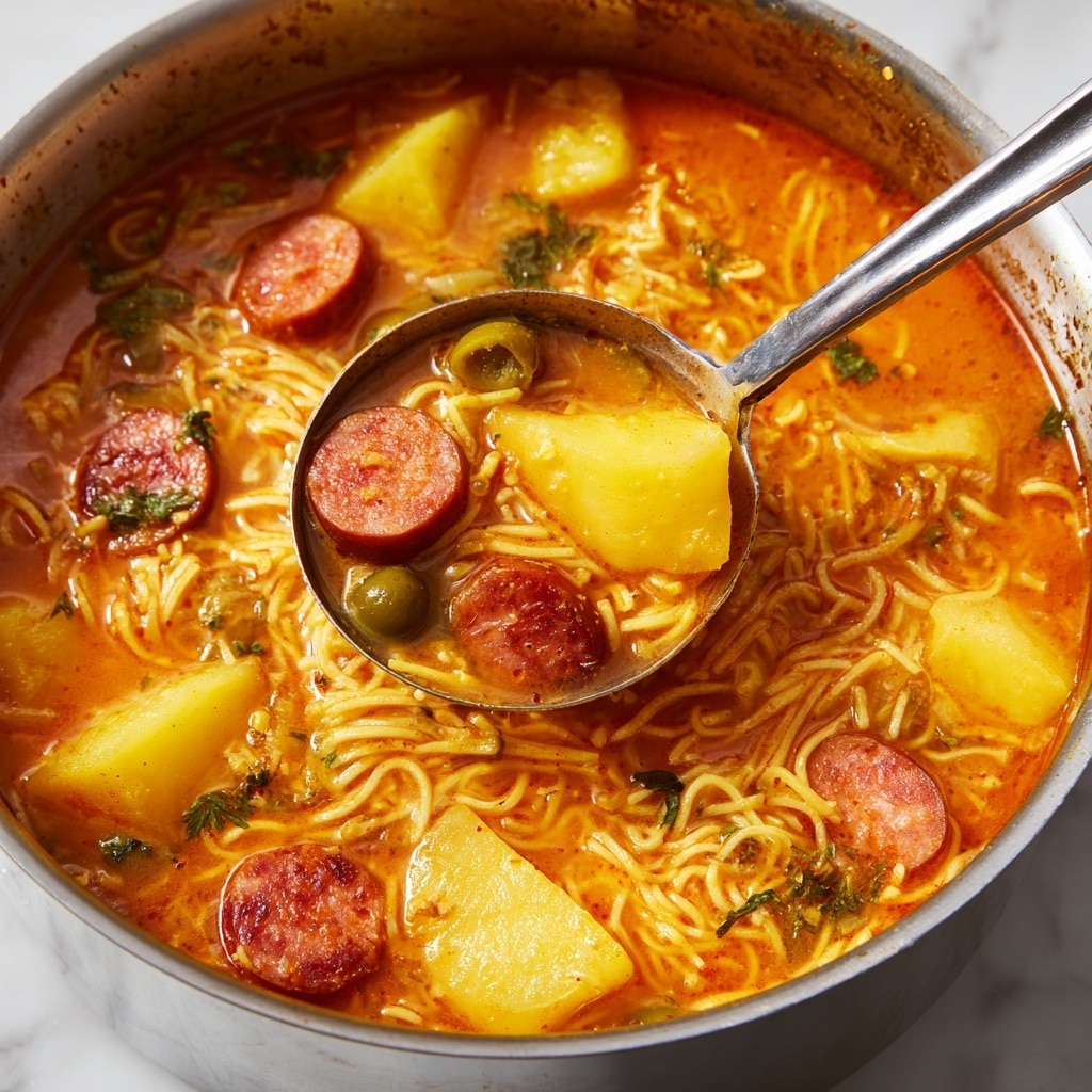 The image shows a close-up of a pot filled with thick soup made of short orange noodles, yellow corn pieces cut into small rounds, light yellow potato chunks, and reddish slices of sausage or similar meat. The soup broth is a warm orange color mixed with bits of green herbs floating throughout. A silver ladle is scooping some of the soup, clearly showing the noodles and large pieces of potato and sausage. The pot edges are slightly visible, and the scene has a warm, homey feel. The photo is taken against a white marbled texture. photo taken with an iphone --ar 4:5 --v 7