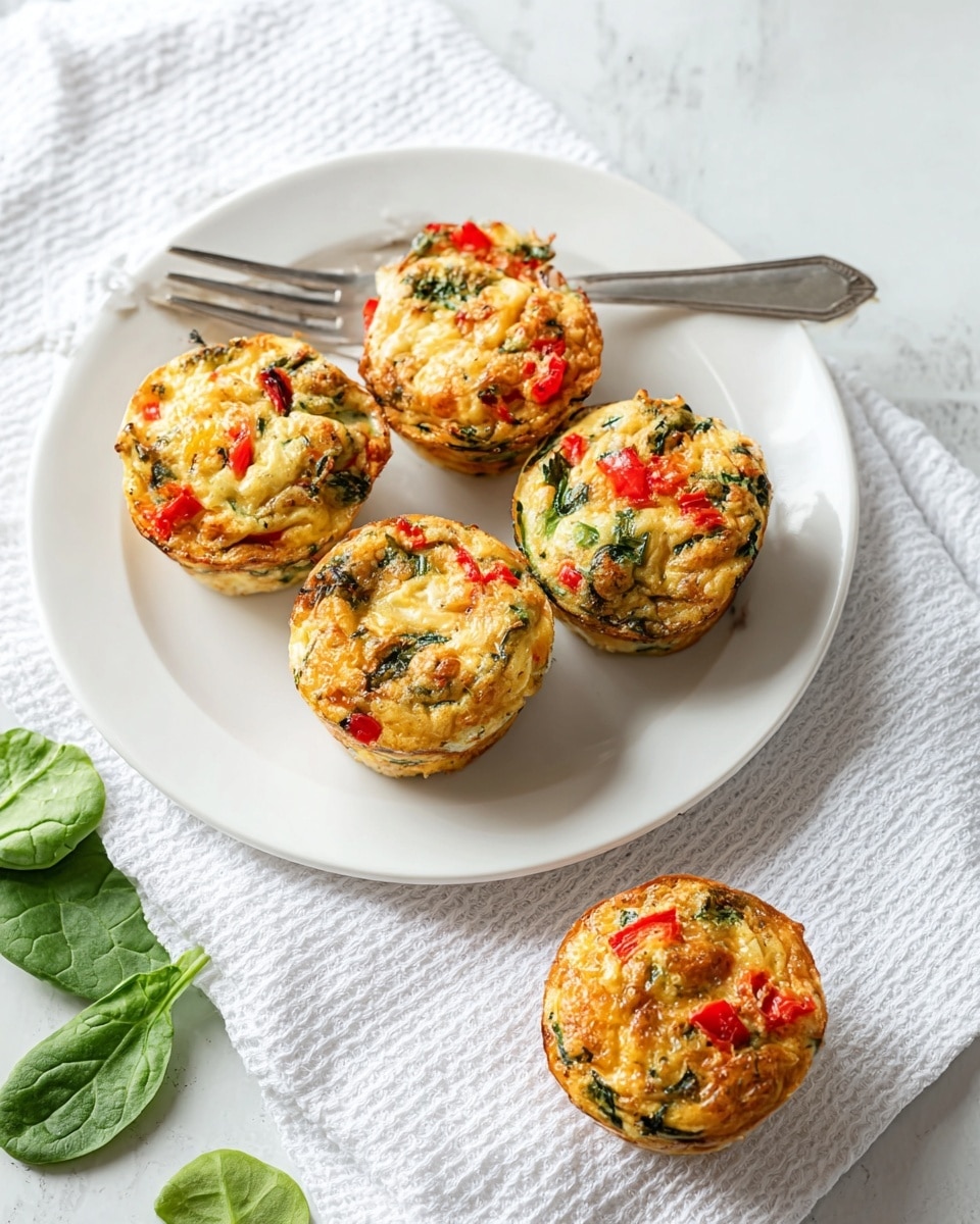 Six mini baked egg muffins rest in a gray muffin tin on a white marbled surface. Each muffin shows a top layer of golden-brown, slightly crispy eggs with melted cheese mixed with small bits of green and red bell peppers and leafy green herbs, giving a colorful, dotted look. The muffins are puffed up, with some edges browned more than others. The tin has some baked-on oil spots around the cups, adding a rustic touch. Photo taken with an iphone --ar 4:5 --v 7