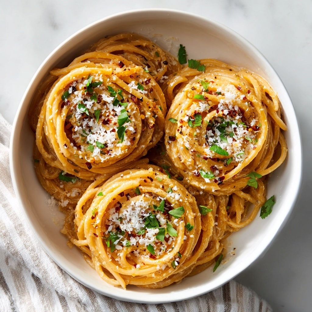 The image shows several small nests of creamy spaghetti arranged closely together. Each nest has light yellow pasta coated in a thick, creamy sauce with visible specks of red chili flakes and small green herb pieces scattered on top, adding texture and color contrast. The pasta strands are curled tightly in round, layered mounds, showcasing a slightly glossy and rich surface. The background has a soft, out-of-focus look that keeps full attention on the pasta nests. photo taken with an iphone --ar 4:5 --v 7