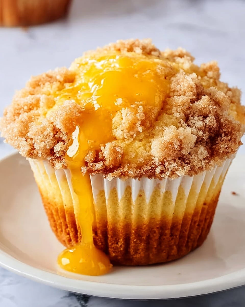 A close-up of a single muffin sits on a white plate against a white marbled surface. The muffin has one main layer with a golden-brown crumb topping that looks soft and crumbly. There is a bright yellow sauce or glaze that runs down the top center of the muffin, seeping slightly into the crumb layer, adding a glossy texture. The muffin wrapper is white and ribbed, showing a slightly lighter golden cake base underneath. The edges have a slight uneven texture, with some crumbs scattered around the plate. Photo taken with an iphone --ar 4:5 --v 7