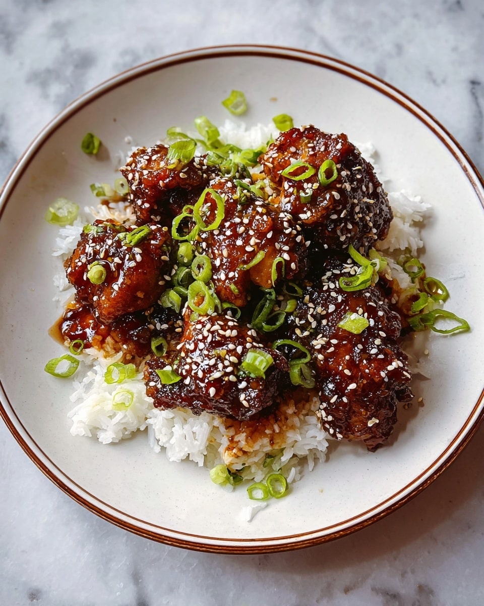 A white plate with a thin brown rim holds a serving of white rice as the base layer, topped with four pieces of dark brown glazed chicken covered in a shiny, sticky sauce. The chicken pieces are seasoned with white sesame seeds scattered across the surface and garnished with bright green, chopped spring onions that add a fresh contrast. The plate sits on a white marbled surface. photo taken with an iphone --ar 4:5 --v 7