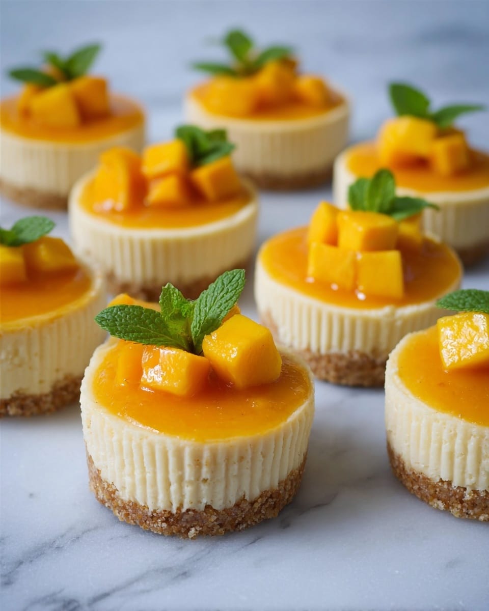 The image shows six mini cheesecakes on a white marbled surface. Each cheesecake has three layers: a crumbly brown base, a thick creamy pale yellow middle, and a smooth bright orange topping. Small cubes of fresh orange mango are placed on top of the orange layer, with a small green mint leaf next to the mango pieces on some cheesecakes. The cheesecakes are inside ridged white paper liners. The lighting highlights the glossy texture of the orange topping and the creamy texture of the cheesecake layer. photo taken with an iphone --ar 4:5 --v 7
