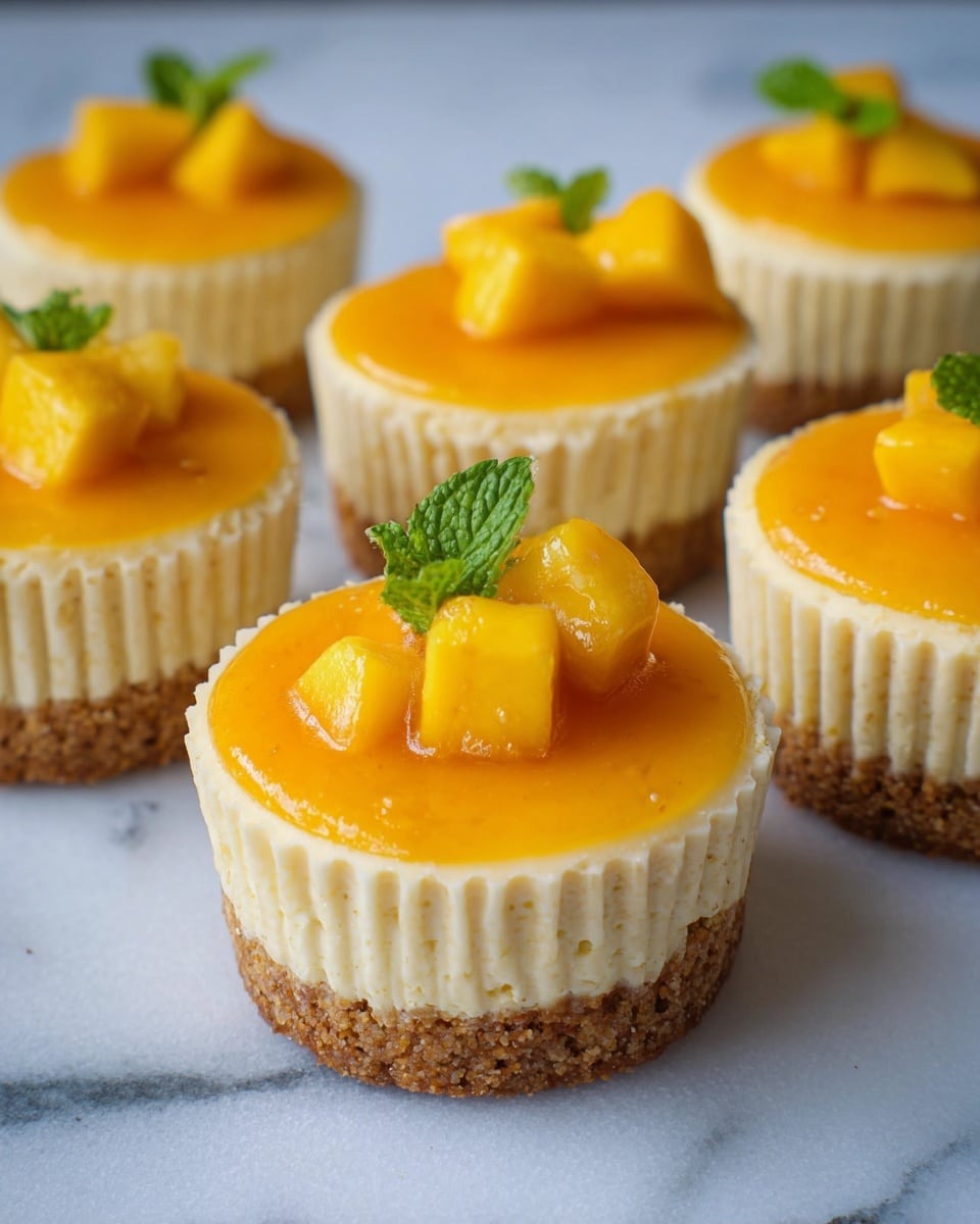 The image shows six small cheesecakes each with three layers, placed on a white marbled surface. The bottom layer is a crumbly light brown crust, the middle layer is a creamy pale yellow cheesecake that is smooth and thick, and the top layer is bright orange mango puree with a shiny texture. On top of each cheesecake, there are small, bright orange mango cubes and a fresh green mint leaf for decoration. The cheesecakes are arranged scattered but close to each other, showing their smooth edges and detailed toppings. photo taken with an iphone --ar 4:5 --v 7