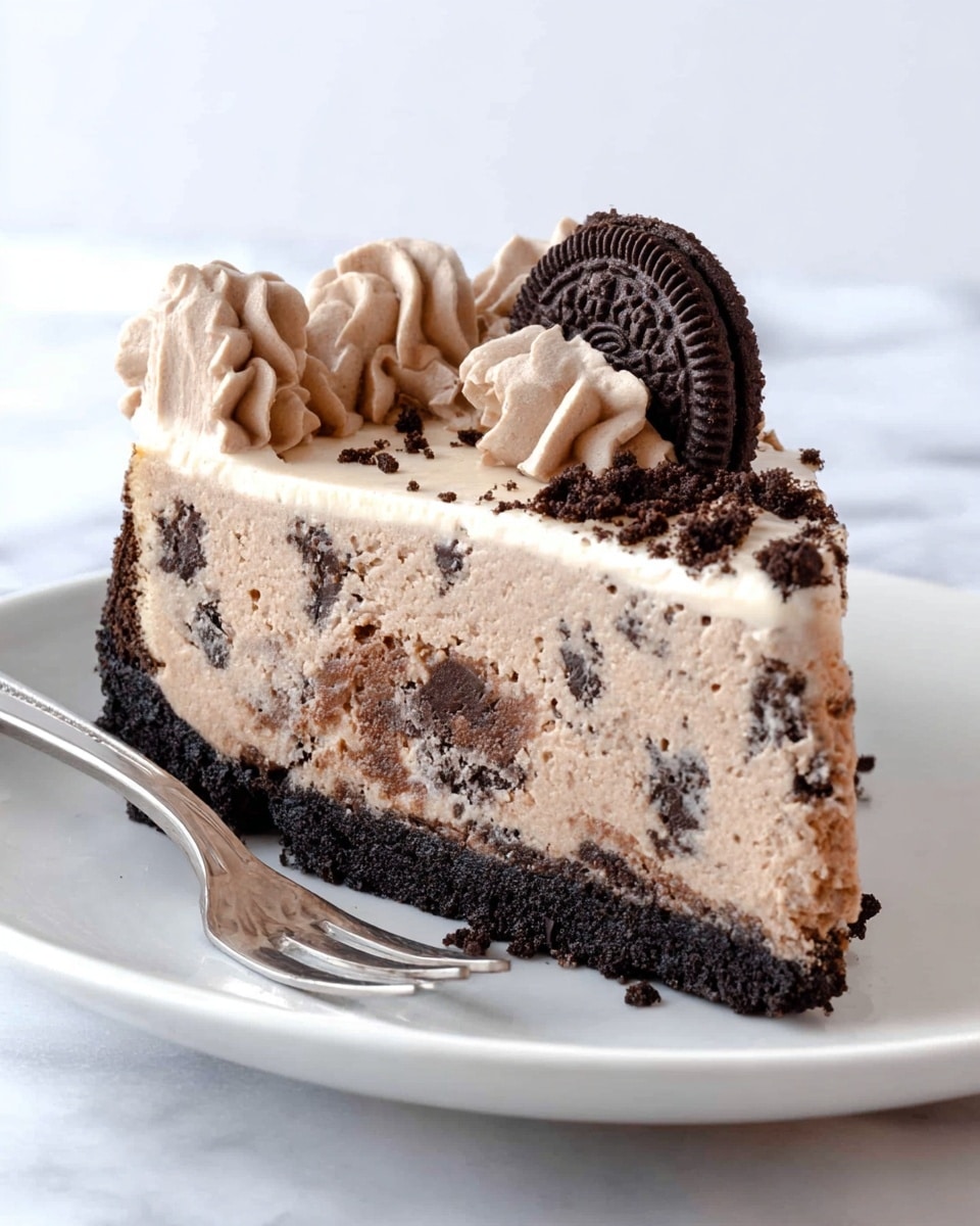 A single slice of cookies and cream cheesecake displayed on a white plate, resting on a white marbled surface. The base layer is a dark, crumbly chocolate cookie crust supporting a thick middle layer of light brown creamy cheesecake filled with small chunks of cookies. The top layer features smooth, light brown whipped cream piped decoratively along the edge, with a small whole chocolate cookie embedded on top. A silver fork lies on the plate near the slice. Photo taken with an iphone --ar 4:5 --v 7