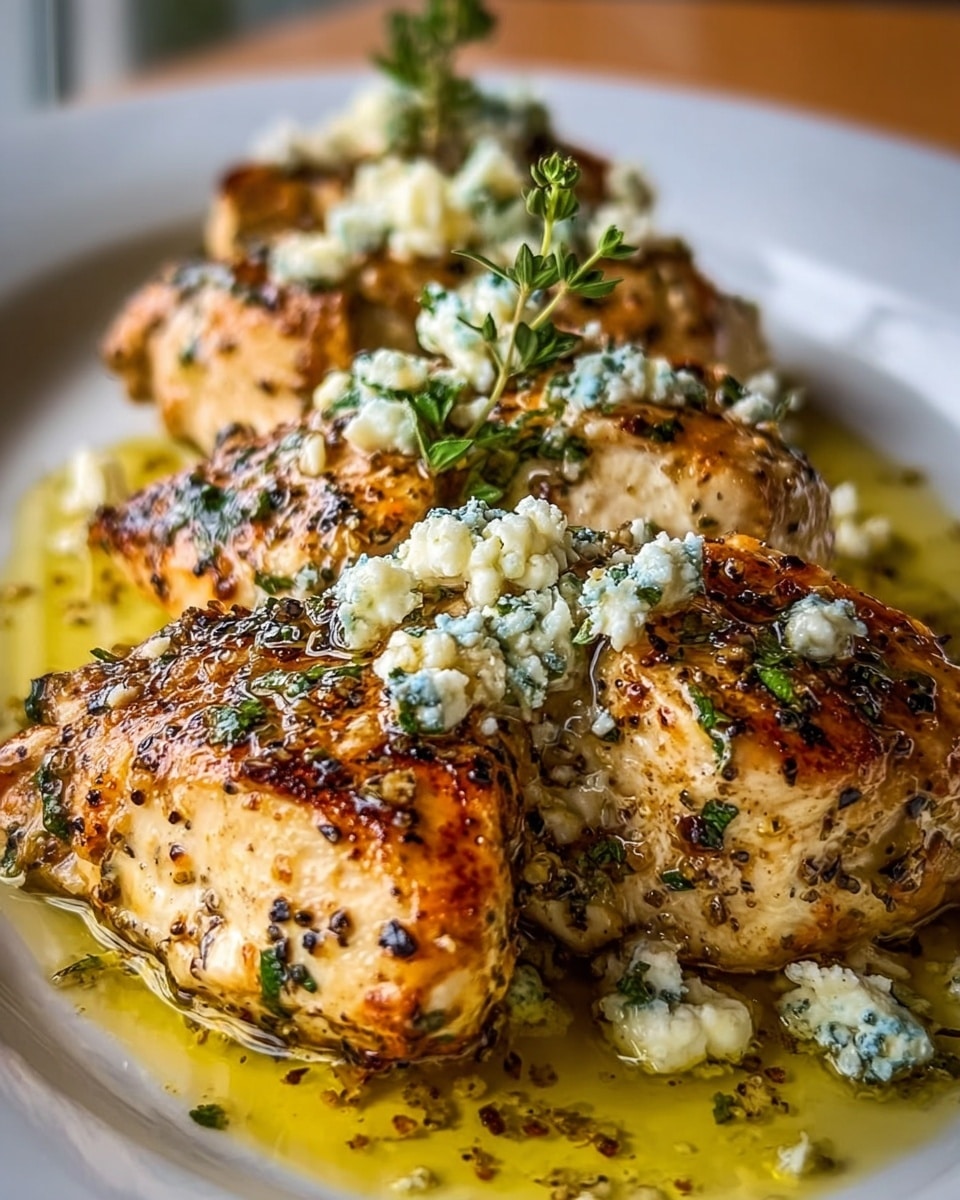 Three grilled chicken breasts with a golden brown, slightly charred texture are arranged in a white plate, covered with crumbled white cheese and sprinkled herbs that add green specks on top. The chicken rests in a pool of golden oil mixed with finely chopped herbs, giving a glossy and moist look. A small green herb garnish sits on top of the cheese, adding a fresh touch. The plate is placed on a white marbled background. photo taken with an iphone --ar 4:5 --v 7