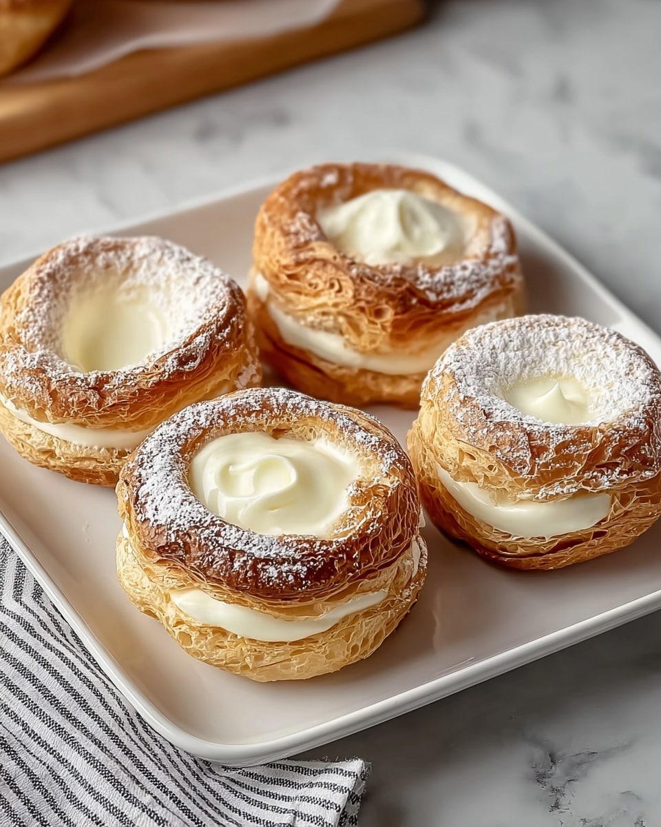 Four round pastries sit on a white square plate with rounded edges, placed on a white marbled surface. Each pastry has two visible layers: a thick, golden-brown puff pastry outer ring with a slightly crispy and flaky texture, dusted with powdered sugar, and a smooth, creamy white filling in the center. The pastries have a soft, slightly raised edge and the cream looks glossy and rich. A striped cloth napkin is partly visible next to the plate. Photo taken with an iphone --ar 4:5 --v 7
