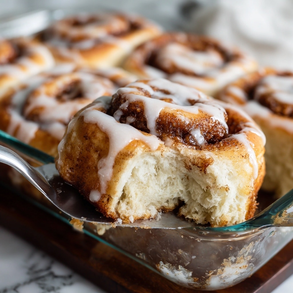 A close-up of a tray of soft, fluffy cinnamon rolls arranged in a 4x4 grid, each with a golden-brown top layered with a darker cinnamon sugar coating and a drizzle of white icing. The interior of the rolls shows a light, airy texture with a white color. One piece is slightly lifted, revealing the pull-apart softness and layers of dough. The tray rests on a round wooden board with a rustic metal spatula underneath the lifted roll on the right side. Photo taken with an iphone --ar 4:5 --v 7