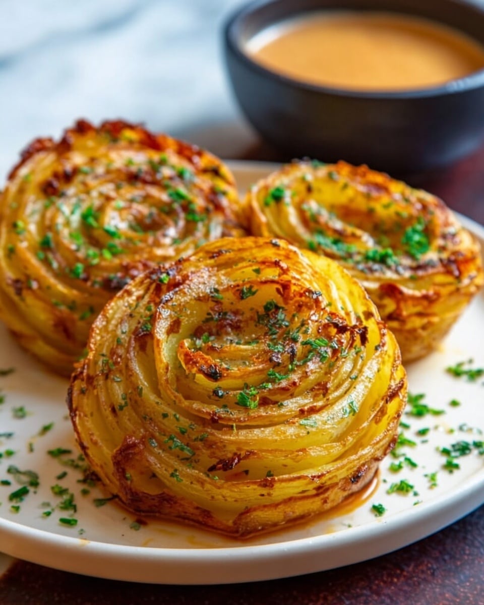 Three round, golden-brown potato spirals with crispy edges and green herb sprinkles on top are placed on a white plate. Each spiral shows layers of thin, cooked potato slices with a slightly caramelized texture. On the side of the plate, there is a small bowl of light brown dipping sauce. The plate sits on a white marbled surface with a blurred background, and the photo has warm lighting. photo taken with an iphone --ar 4:5 --v 7