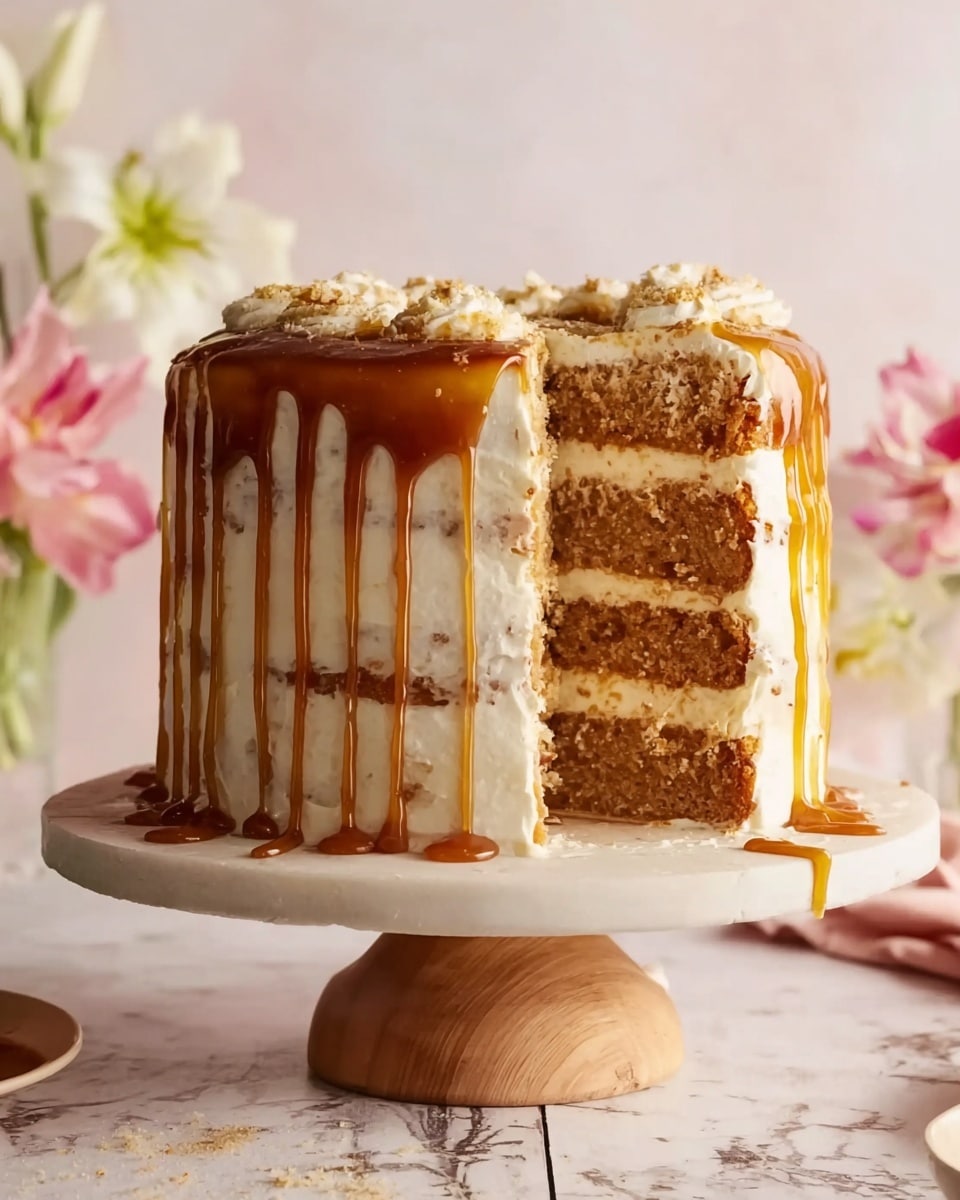 The image shows a tall cake with four visible layers of light brown cake with bits of orange that look like carrot. Between each cake layer is a thick, creamy white frosting layer. The outside of the cake is also covered in the same smooth white frosting, but it is slightly see-through, showing some of the cake beneath. On top, rich golden caramel sauce is dripping down the sides, with some caramel puddling at the base of the cake on the wooden cake stand. The background has soft colors with pink and white flowers that are slightly out of focus, and the cake stand is placed on a white marbled surface. photo taken with an iphone --ar 4:5 --v 7