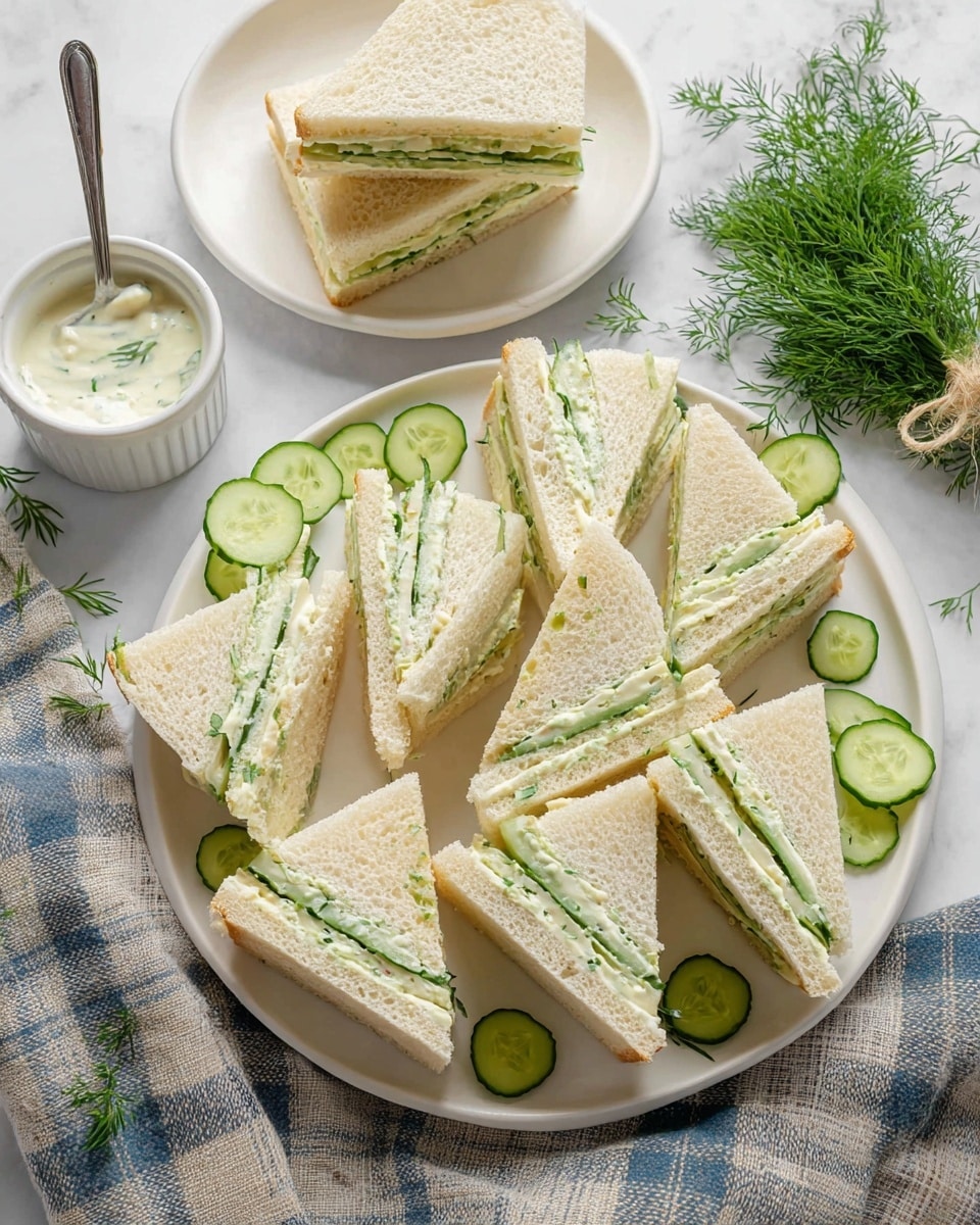 The image shows six neatly cut triangular cucumber tea sandwiches arranged on a round white plate. Each sandwich has two layers of soft, pale beige bread with a creamy white spread and thin slices of fresh green cucumber layered in the middle. The top of one sandwich is garnished with a small slice of cucumber and a sprig of bright green dill. Additional cucumber slices and dill sprigs are scattered around the plate. The plate is placed on a white marbled surface, with a blurred striped cloth and a small light green teapot in the background. The photo taken with an iphone --ar 4:5 --v 7