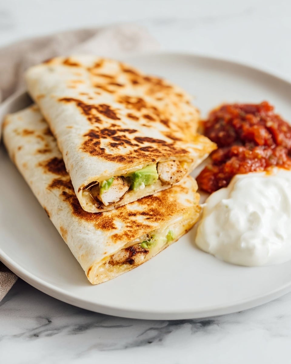 The image shows three folded, toasted burritos stacked on a white round plate, each with a golden-brown, slightly charred outer layer. One burrito is open at the front, revealing layers of grilled chicken pieces, green guacamole, and red salsa inside. Next to the burritos, on the right side of the plate, is a dollop of white sour cream topped with chunky red salsa. The plate sits on a white marbled texture surface with part of a glass of water visible in the top right corner. photo taken with an iphone --ar 4:5 --v 7