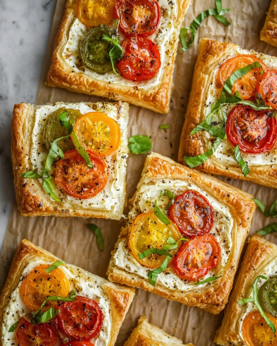 The image shows several square-shaped puff pastries on a light brown parchment paper over a white marbled texture. Each pastry has a golden-brown, flaky crust as the bottom layer, topped with a thick, creamy white cheese layer evenly spread. On top of the cheese, there are three slices of cherry tomatoes in red, yellow, and orange colors arranged in a row or slight diagonal pattern on each pastry. Fresh green basil leaves are thinly sliced and scattered over the tomatoes. The surface of the tomatoes and cheese has a sprinkle of black pepper, adding texture and color contrast. photo taken with an iphone --ar 4:5 --v 7