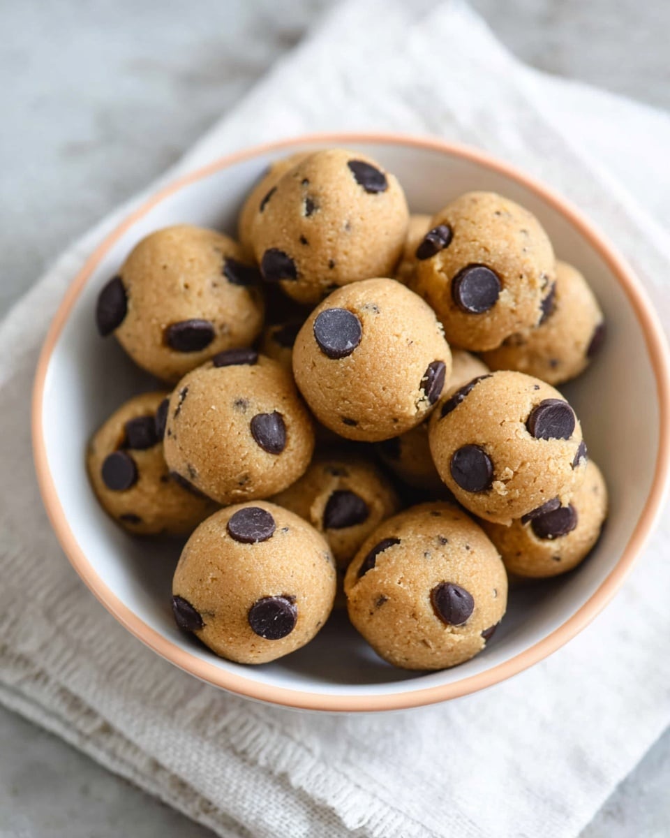 A white bowl with a light brown rim is filled with about ten round dough balls mixed with large dark chocolate chips. One dough ball, placed near the center front, is halved, showing a soft, crumbly tan interior with chocolate chips inside. The bowl is placed on a white cloth on a white marbled surface. In the blurred background, there are two small orange pumpkins adding a warm, autumn feel to the scene. The overall colors are warm tones of tan, dark brown, and orange. photo taken with an iphone --ar 4:5 --v 7