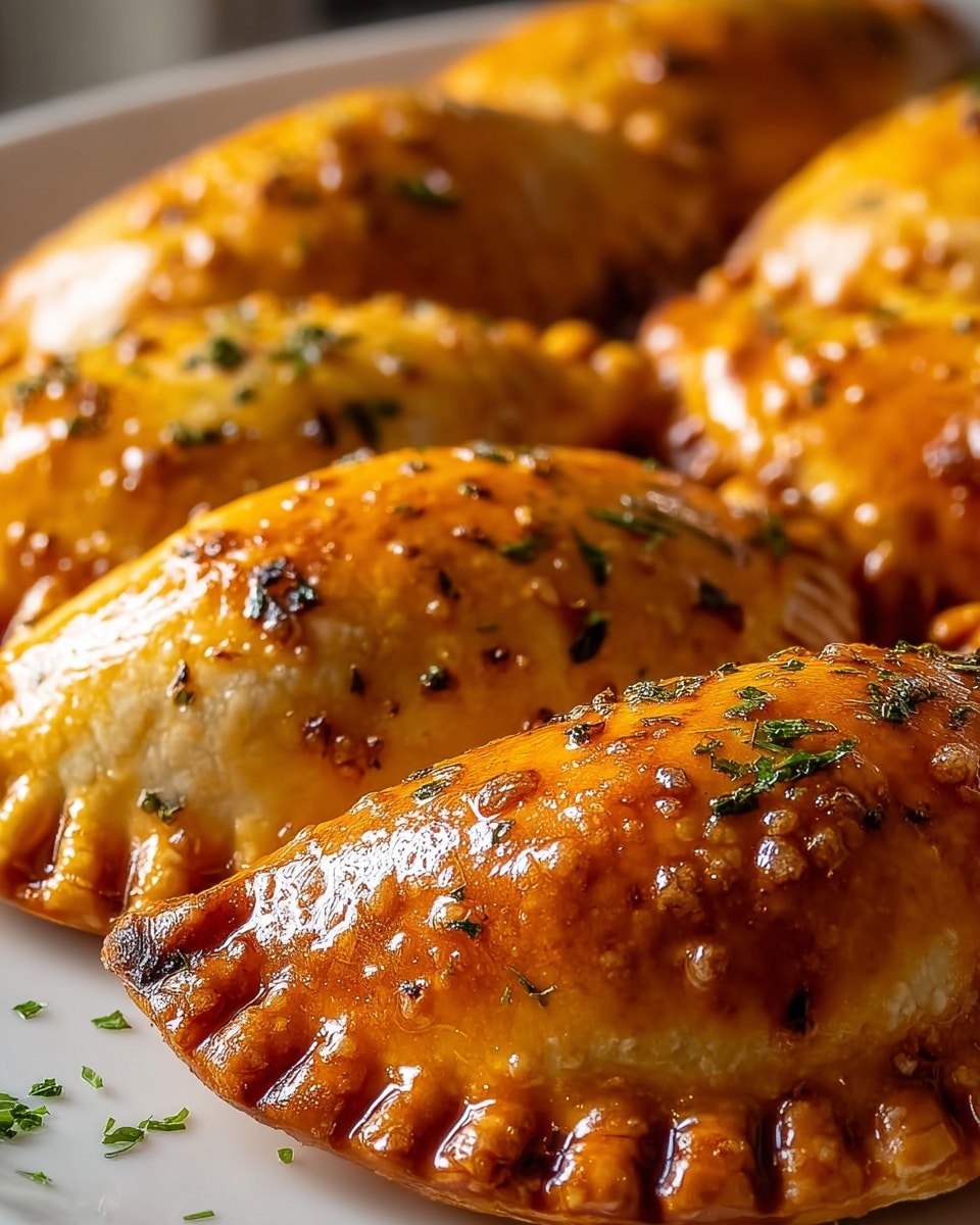 A close-up view of several golden-brown empanadas arranged on a white plate, each folded into a half-moon shape with crimped edges showing slight browning and a shiny, glazed surface. The crust is textured with small bubbles and specks of herbs on top, giving a slightly crisp and flaky appearance. The empanadas are layered next to each other, highlighting their warm, rich orange and brown tones. Scattered small green herb bits add a fresh touch, while a white marbled surface is subtly visible in the blurred background. photo taken with an iphone --ar 4:5 --v 7
