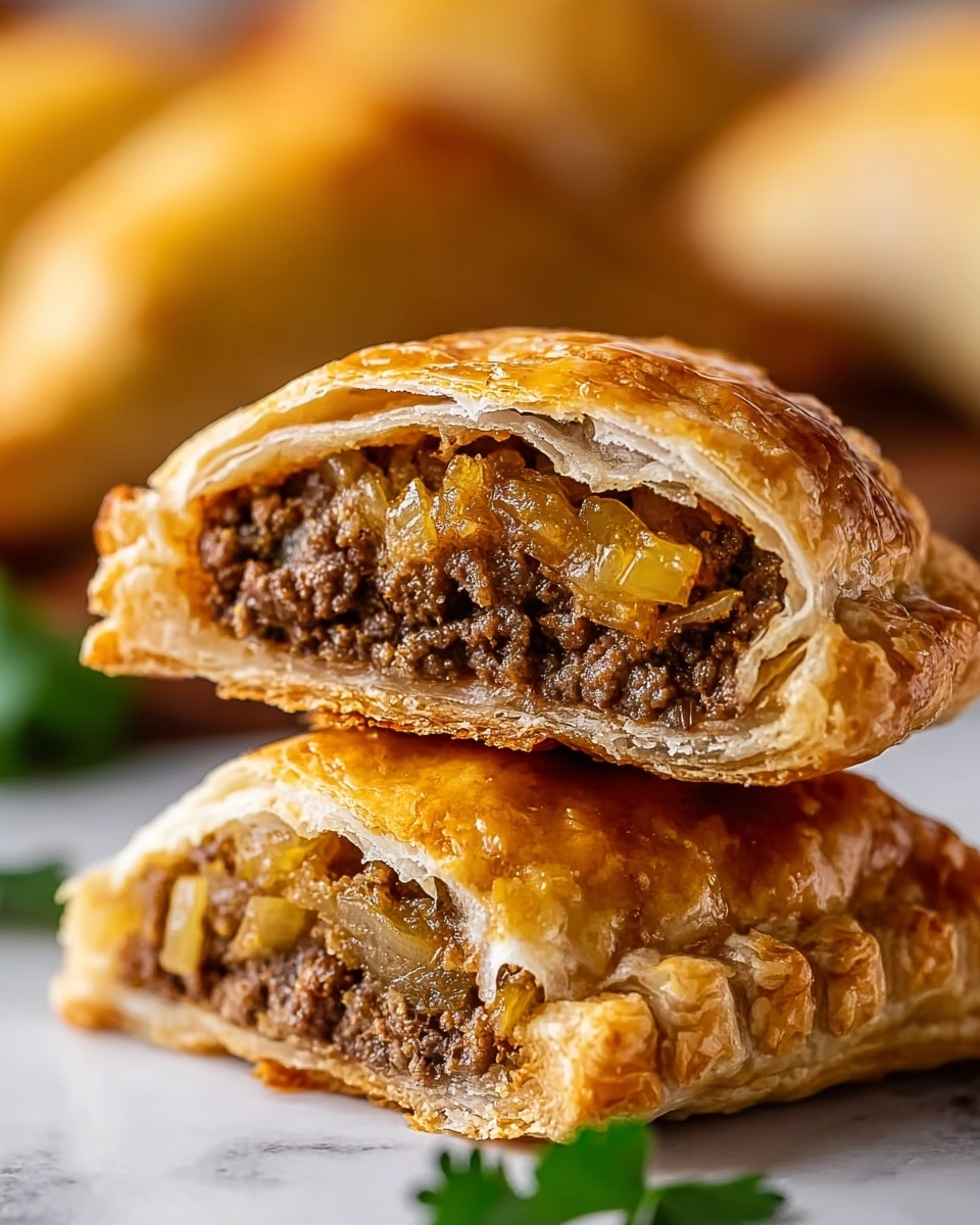 The image shows two halves of a baked pastry stacked one on top of the other. The outer crust is golden brown, flaky, and slightly textured, with visible layers on the edges. Inside, the filling consists of two layers: the bottom layer is darker brown ground meat mixed with small bits, and the top layer contains cooked translucent yellow onions, all packed tightly. The background is softly blurred but hints at more pastries and some green garnish. The photo is taken on a white marbled surface. photo taken with an iphone --ar 4:5 --v 7