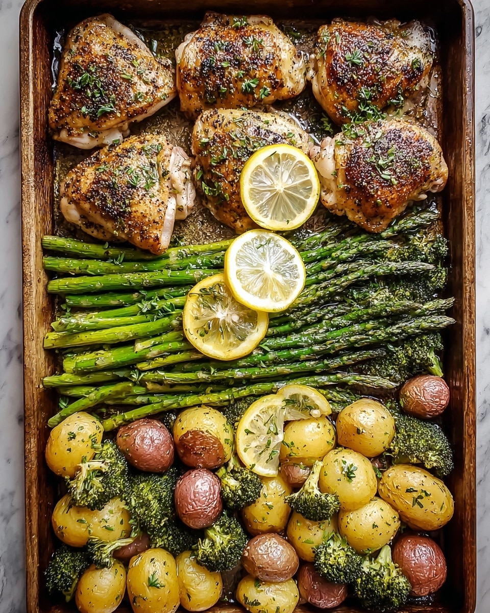 The image shows a wooden tray filled with a colorful meal featuring four golden-brown grilled chicken breasts sprinkled with chopped green herbs, arranged from the bottom to the center right. Surrounding the chicken are shiny, roasted small yellow and light brown baby potatoes, some halved, scattered on the top left, bottom right, and center right edges. A thick layer of green roasted asparagus lies along the bottom left corner, while a cluster of roasted broccolini with a slightly charred look covers the top center, blending toward the upper right. Three thin, bright yellow lemon slices rest on the top right corner, adding a fresh, vibrant touch. All food items are placed on a white marbled textured surface lining the tray. photo taken with an iphone --ar 4:5 --v 7