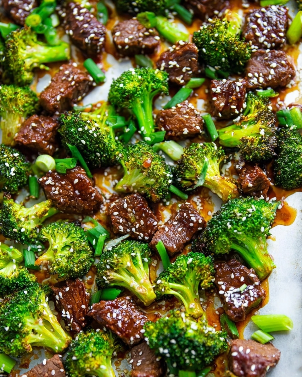 The image shows a close-up of a dish with two main layers spread on a flat metal sheet. The first layer is bright green broccoli florets, some with darker roasted edges, scattered evenly across the surface. The second layer consists of medium-sized chunks of beef, glazed with a shiny brown sauce and sprinkled with small white sesame seeds. There are also pieces of green onion mixed throughout, adding fresh green color and texture. The sauce underneath gives a slight glossy orange-brown background to the ingredients. The whole dish looks vibrant and freshly cooked on a white marbled surface. photo taken with an iphone --ar 4:5 --v 7