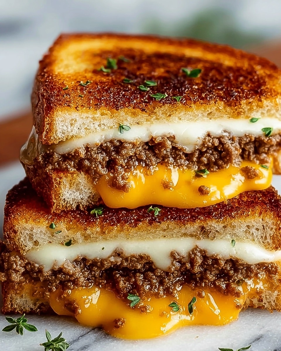 A close-up view of two stacked grilled cheese sandwiches cut in half, showing three layers in each half: the golden-brown toasted bread on top and bottom with a slightly crunchy texture, a juicy ground beef layer in the middle with a brown color and crumbly texture, and gooey melted cheese layers beneath and above the beef, the top cheese being white and creamy while the bottom cheese is rich orange and smooth. Small green herb pieces are sprinkled on the cheese and bread for contrast. The sandwiches are placed on a white marbled surface. Photo taken with an iphone --ar 4:5 --v 7